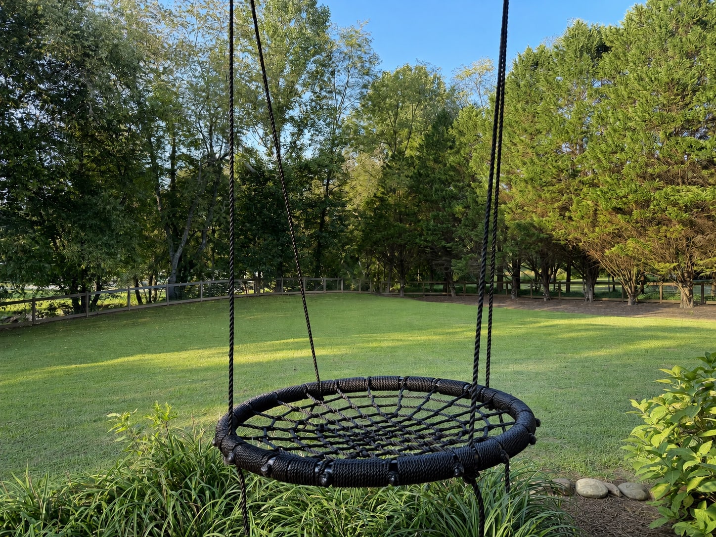 Hanging round swing overlooking the fenced lawn and trees