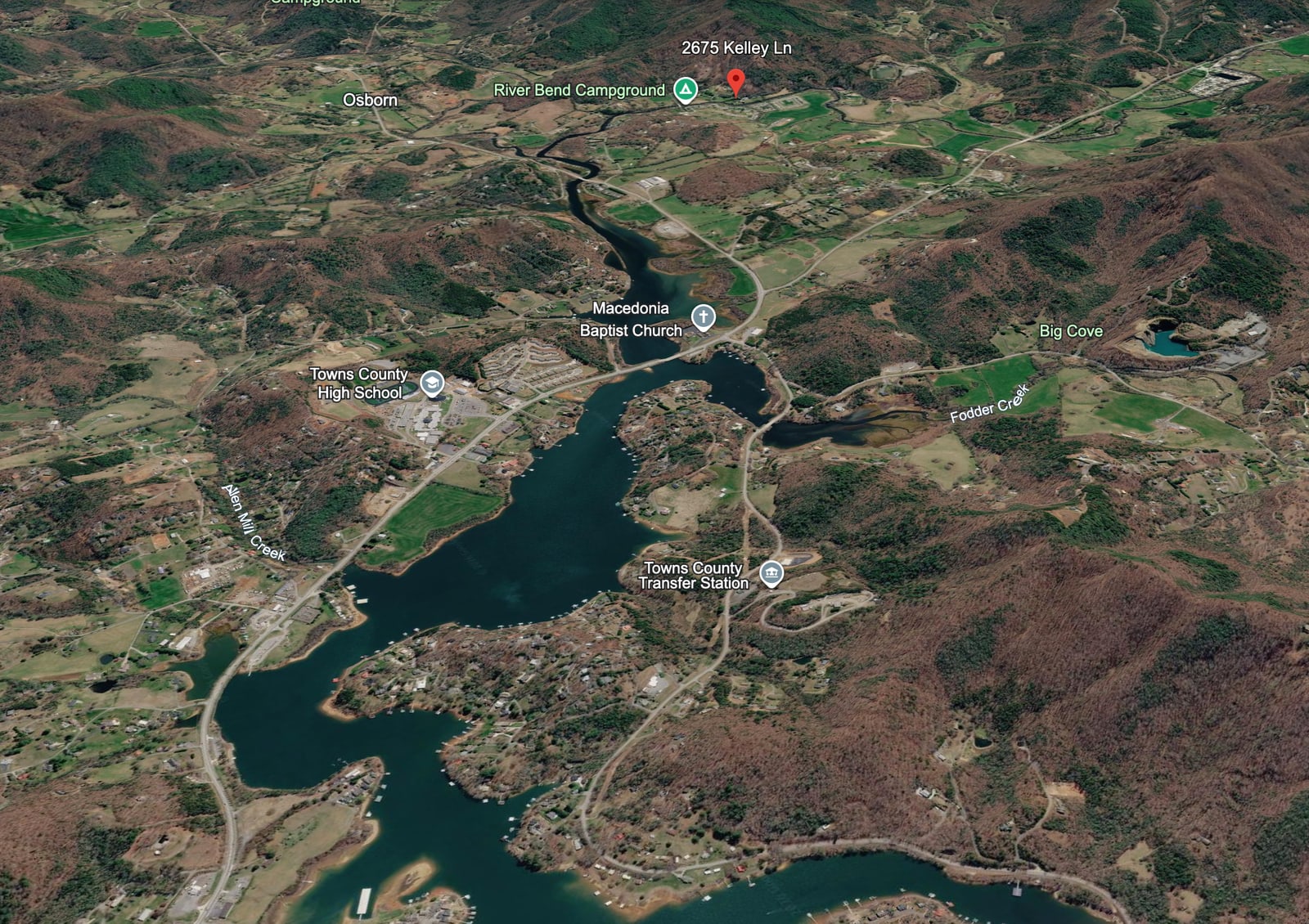 Aerial map showing 2675 Kelley Lane north of Lake Chatuge near River Bend Campground