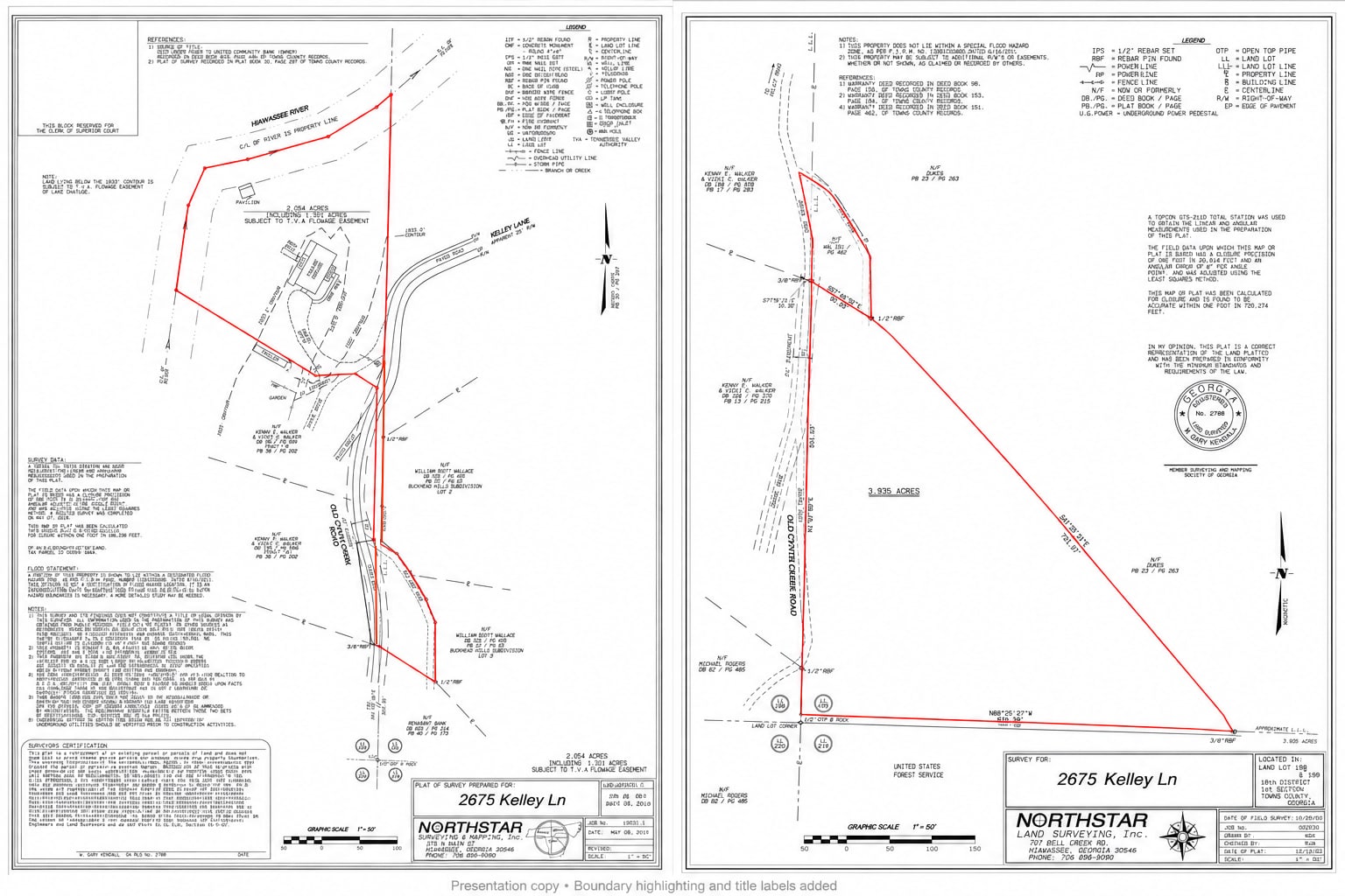 Two-page land survey for 2675 Kelley Lane with property boundaries highlighted in red