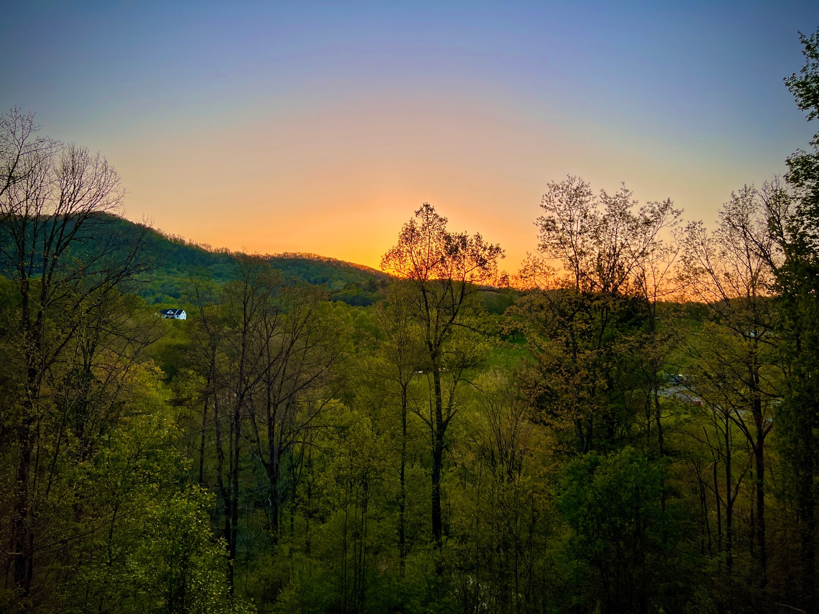 Golden sunset descending behind a wooded North Georgia mountain ridge